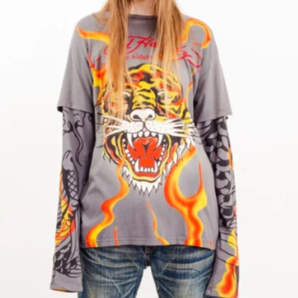 Y2K Ed Hardy by Christian Audigier Tiger tattoo print long sleeve tee XL